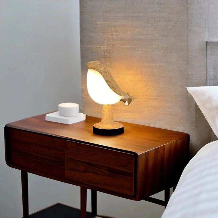 Vogel-Tischlampe aus Holz - dimmbar, mit Touch & Aromadiffusor Mivoza Deutschland
