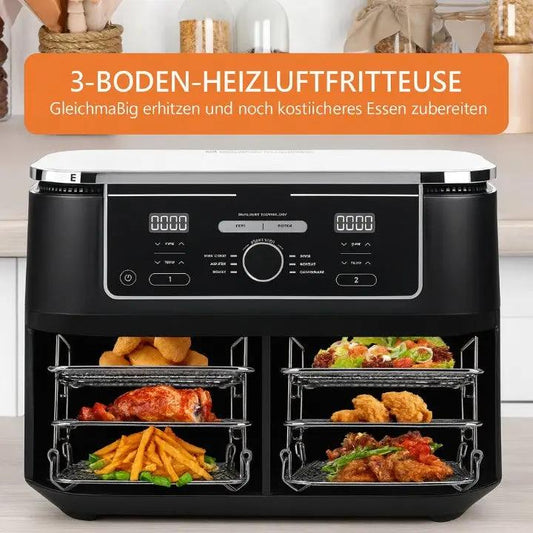 3‑Etagen Edelstahl Airfryer-Rack – Mehr Platz, Gleichmäßig Garen, Ohne Umdrehen! Mivoza Deutschland