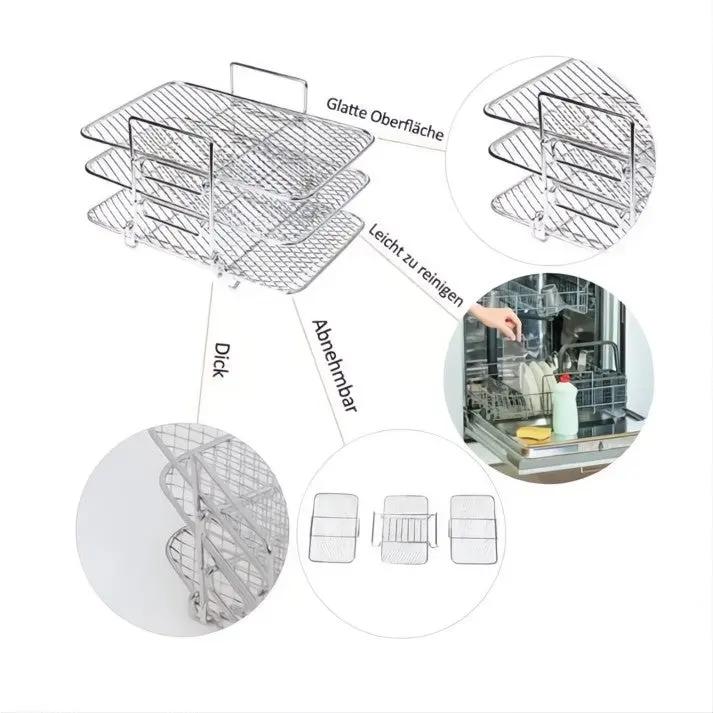 3‑Etagen Edelstahl Airfryer-Rack – Mehr Platz, Gleichmäßig Garen, Ohne Umdrehen! Mivoza Deutschland
