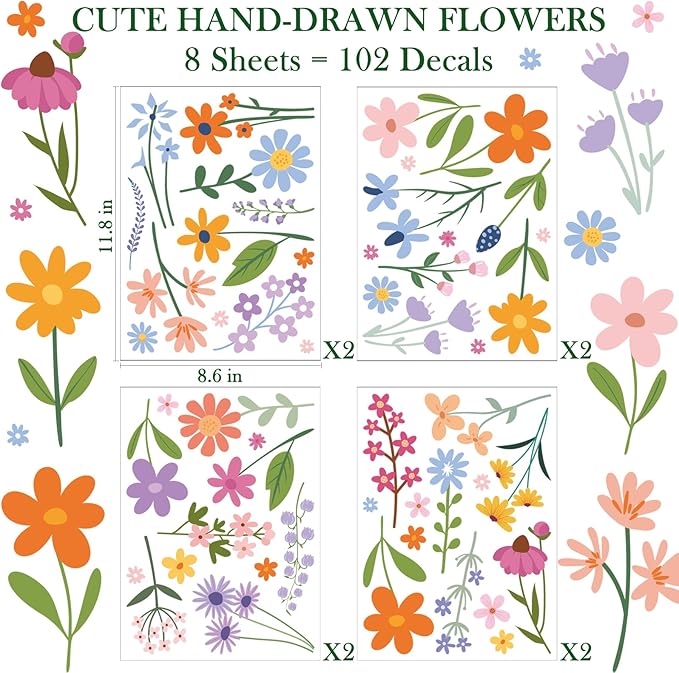 8 Bögen Frühlingshafte Blumen-Wandsticker – 102 selbstklebende Motive für ein frisches Zuhause! Mivoza Deutschland