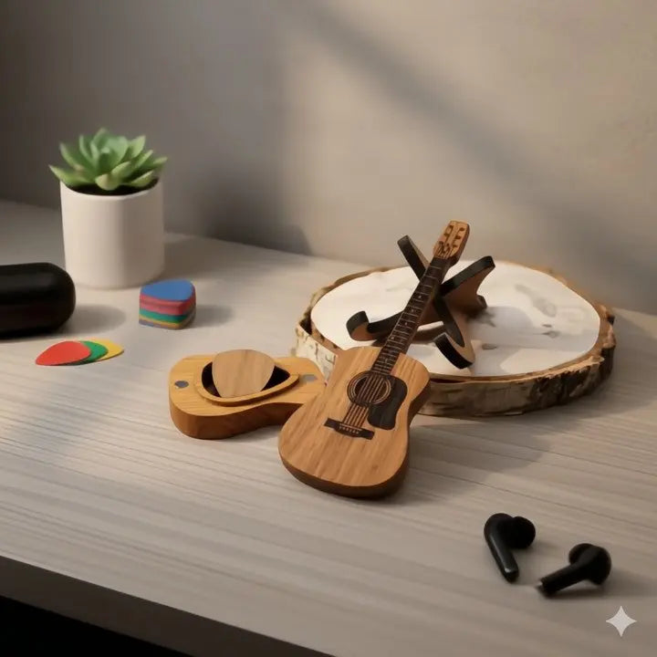 Elegante Holzbox für Gitarren-Plektren mit Ständer Mivoza Deutschland