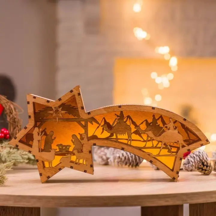 LED-Holzstern mit Krippenszene – Sternförmige Tischlampe Mivoza Deutschland