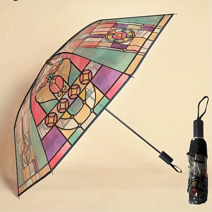 Automatischer Regenschirm – Vintage-Design mit Buntglas und Windschutz Mivoza Deutschland
