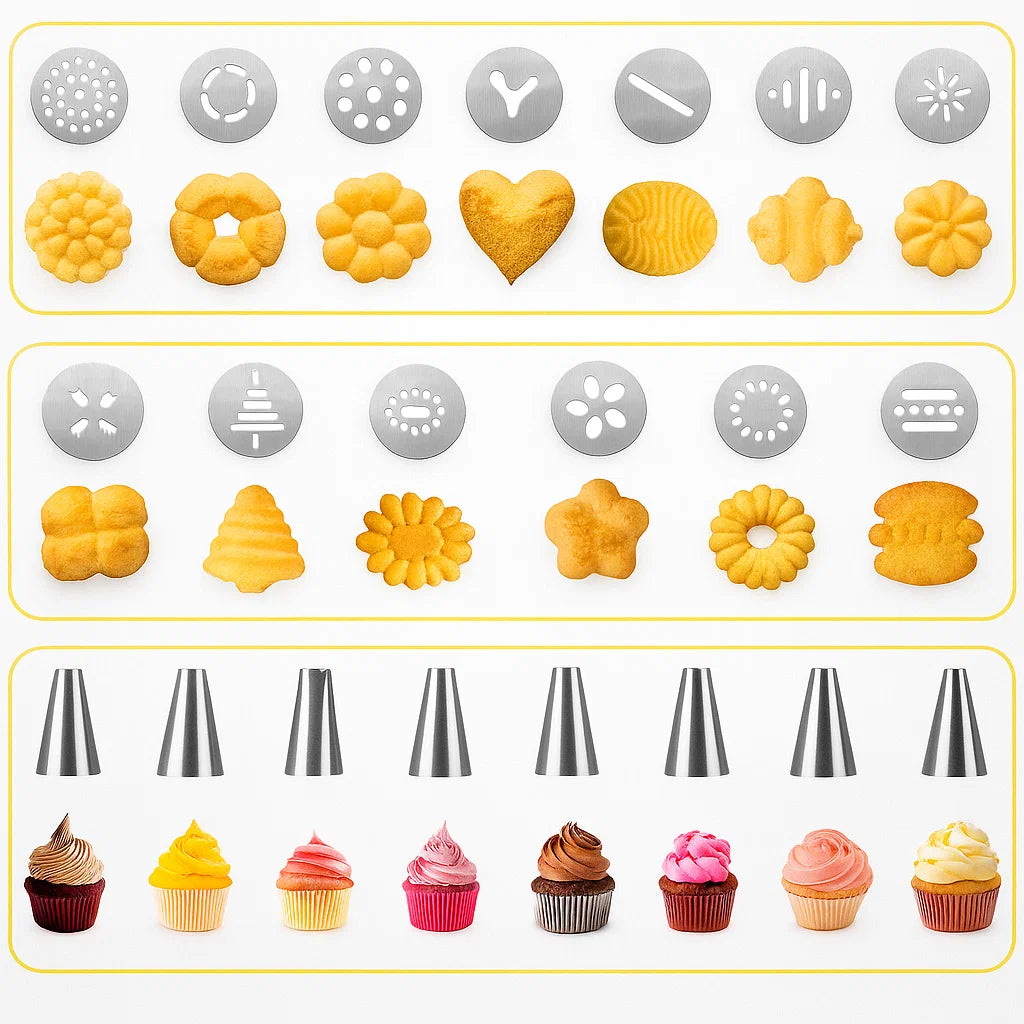 Edelstahl Spritzgebäckpresse Weihnachtsset — 13 Ausstechformen & 8 Tüllen