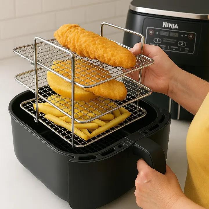 3‑Etagen Edelstahl Airfryer-Rack – Mehr Platz, Gleichmäßig Garen, Ohne Umdrehen! Mivoza Deutschland