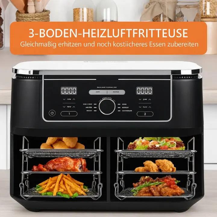 3‑Etagen Edelstahl Airfryer-Rack – Mehr Platz, Gleichmäßig Garen, Ohne Umdrehen! Mivoza Deutschland