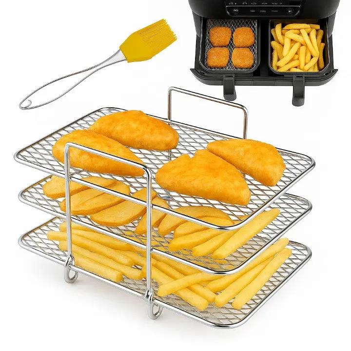 3‑Etagen Edelstahl Airfryer-Rack – Mehr Platz, Gleichmäßig Garen, Ohne Umdrehen! Mivoza Deutschland