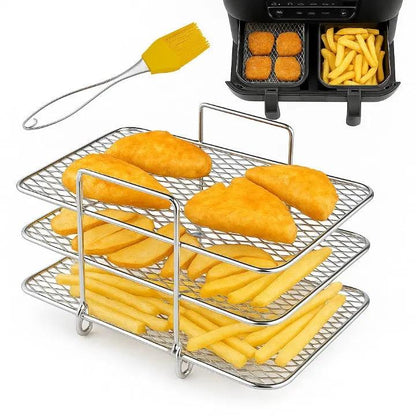 3‑Etagen Edelstahl Airfryer-Rack – Mehr Platz, Gleichmäßig Garen, Ohne Umdrehen! Mivoza Deutschland