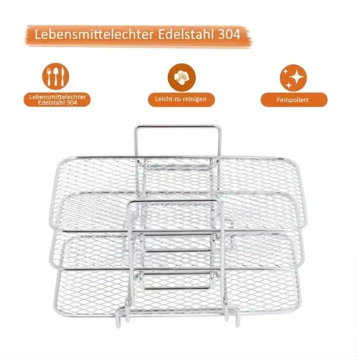 3‑Etagen Edelstahl Airfryer-Rack – Mehr Platz, Gleichmäßig Garen, Ohne Umdrehen! Mivoza Deutschland