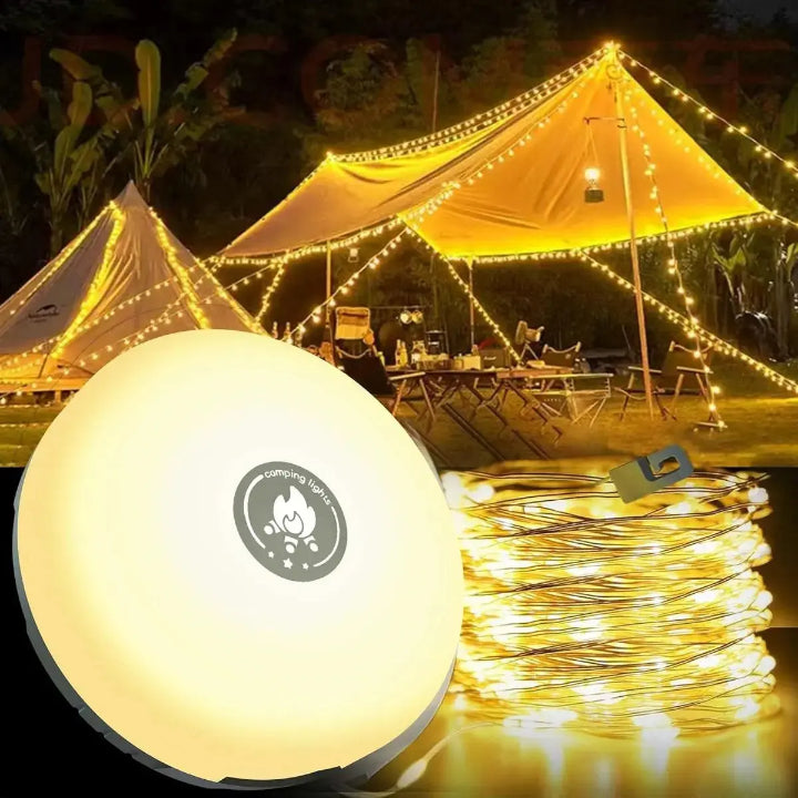 Campinglampe mit 10m RGB-Lichterkette – Atmosphäre & Sicherheit für jeden Trip