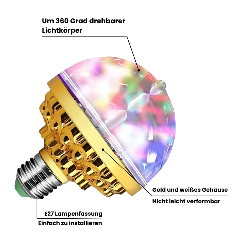 Bunte LED-Partyleuchte mit 360° drehbarem Strahl