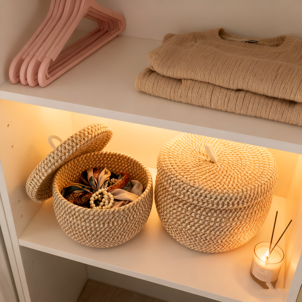 Gewebter Aufbewahrungskorb mit Deckel – Boho Rund Design
