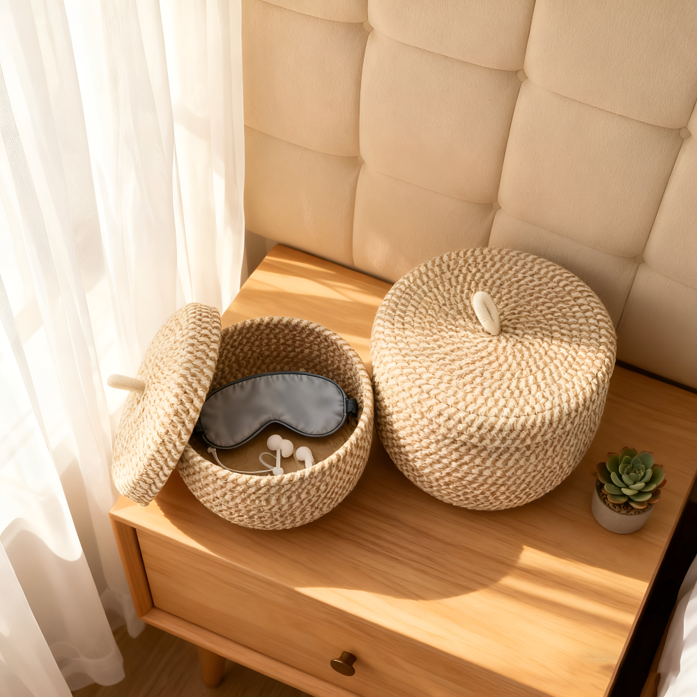 Gewebter Aufbewahrungskorb mit Deckel – Boho Rund Design