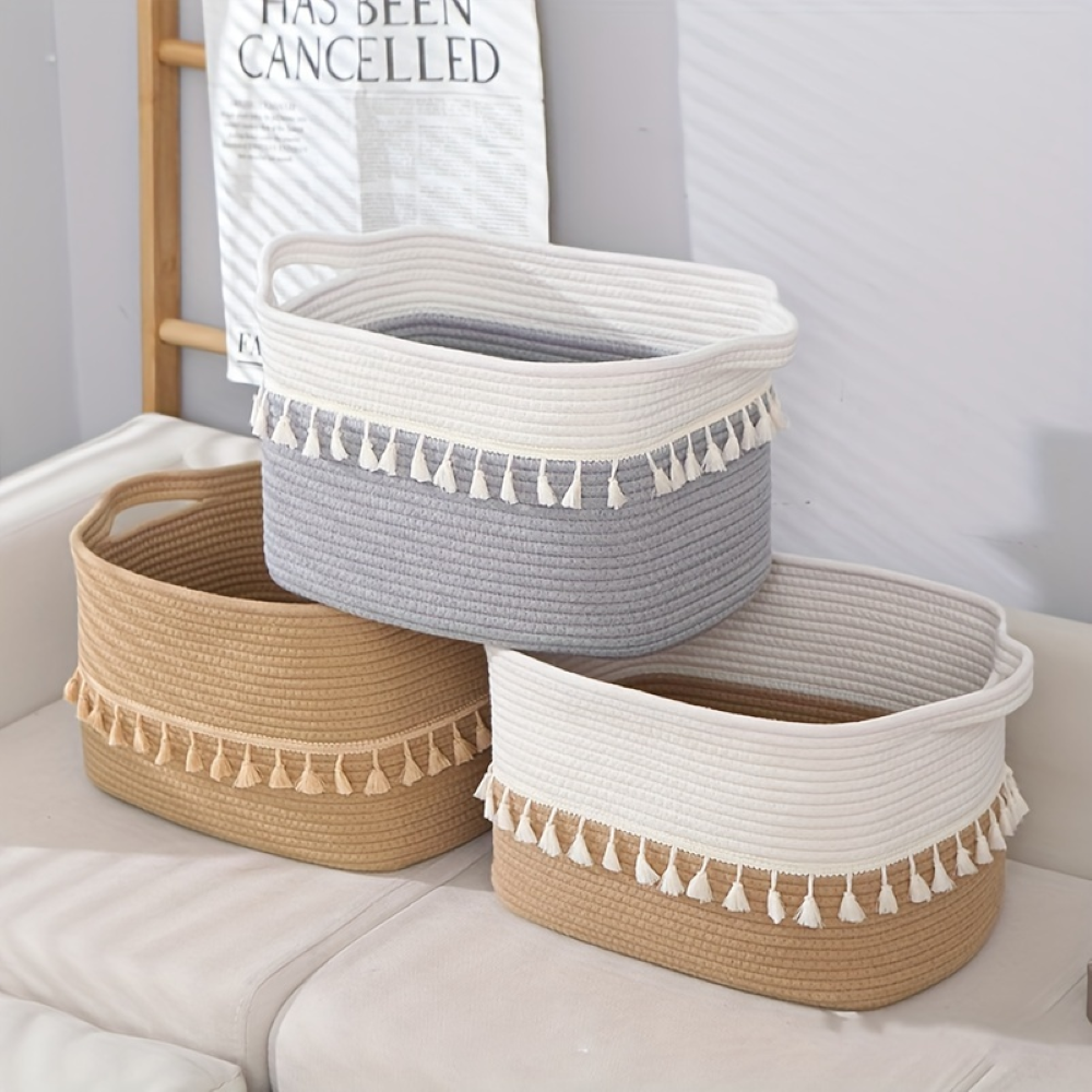Baumwoll-Aufbewahrungskorb mit Quasten – Dekoratives Boho-Design