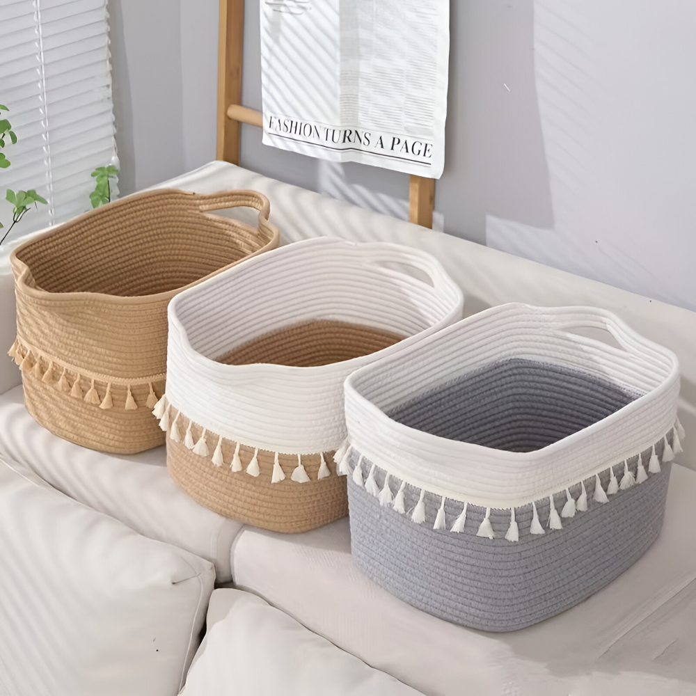 Baumwoll-Aufbewahrungskorb mit Quasten – Dekoratives Boho-Design