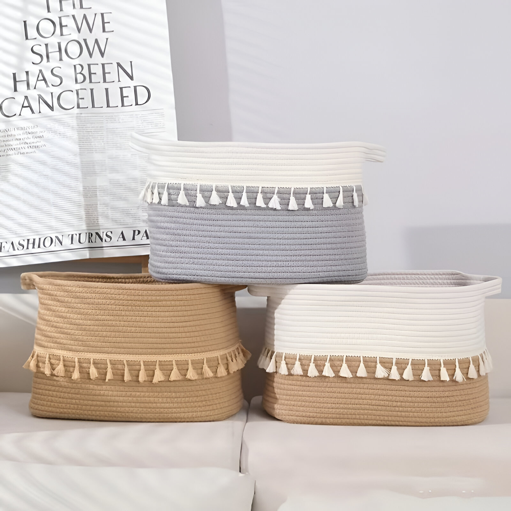 Baumwoll-Aufbewahrungskorb mit Quasten – Dekoratives Boho-Design