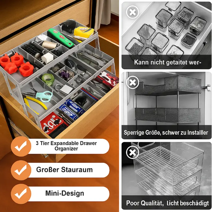 Intelligenter 3-stöckiger Schubladen-Organizer – Erweiterbar & Platzsparend für Standard-Schubladen Mivoza Deutschland