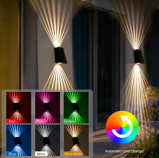 RGB-Solarwandleuchte für Terrasse und Fassade mit 4-seitiger Beleuchtung und Farbwahl Mivoza Deutschland