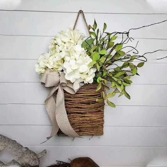 Türhänger mit Creme-Hortensien – Rattan-Korbkranz mit künstlichen Blumen Mivoza Deutschland